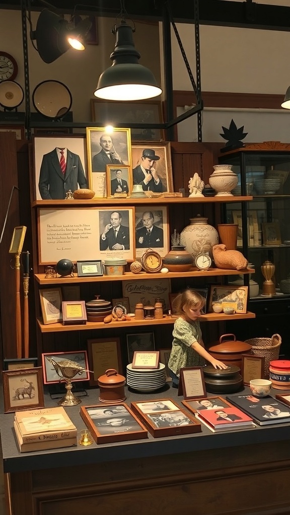 A vintage shop display featuring antiques, photographs, and a child interacting with the items.