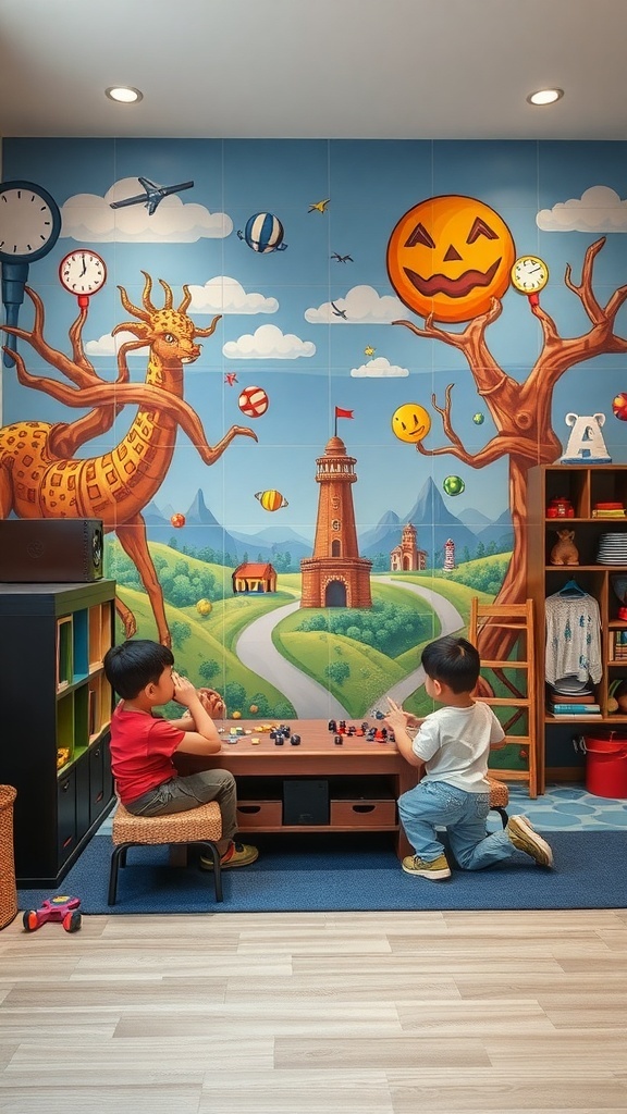 Colorful wall mural featuring playful elements with two children playing in front of it.
