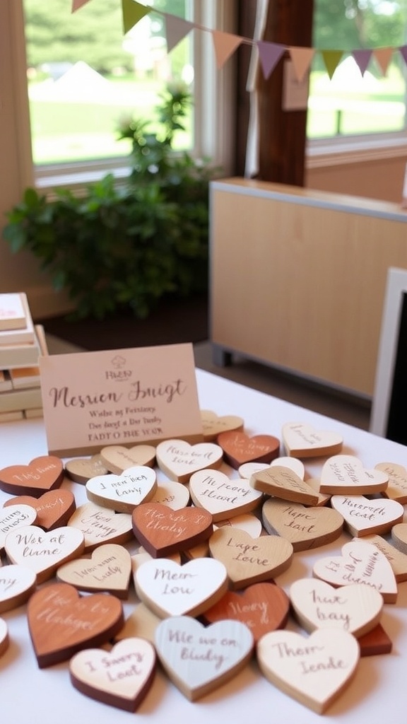 Wooden hearts with messages for a baby shower guest book