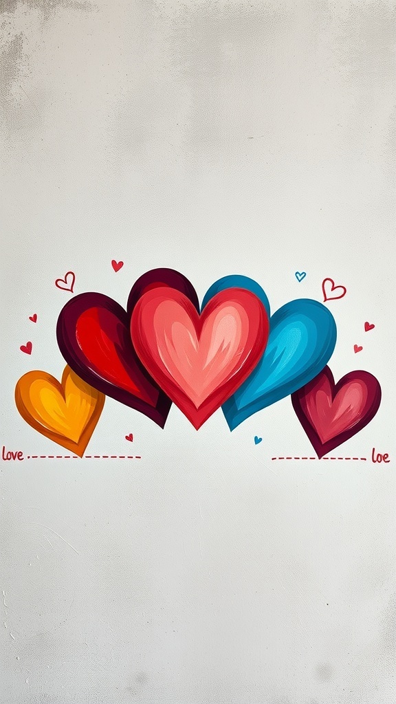 A colorful painting of interlocking hearts in various shades of red, pink, blue, and yellow.