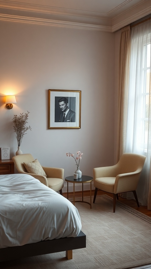 Cozy bedroom seating area with two chairs, a small table, and soft lighting.