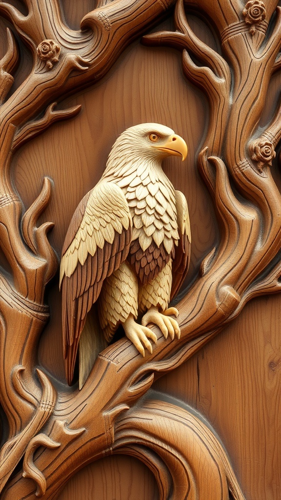 A beautifully carved wooden eagle perched on a branch, showcasing intricate details in the feathers and wood texture.