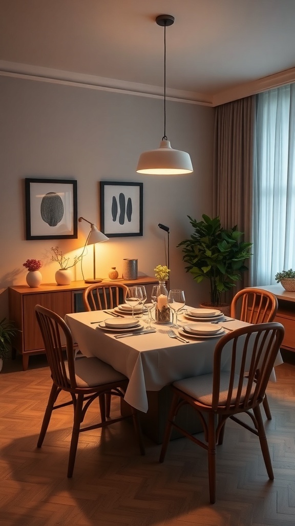A cozy dining area with a wooden table set for a meal, surrounded by chairs, soft lighting, and decorative plants.
