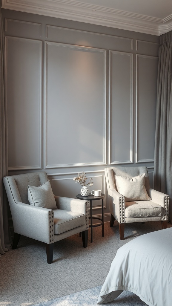 Two grey accent chairs with a small side table in a stylish bedroom