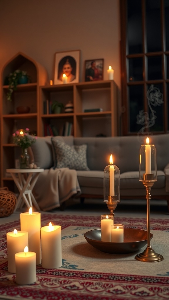 A cozy living room decorated with candles and incense for Ramadan.