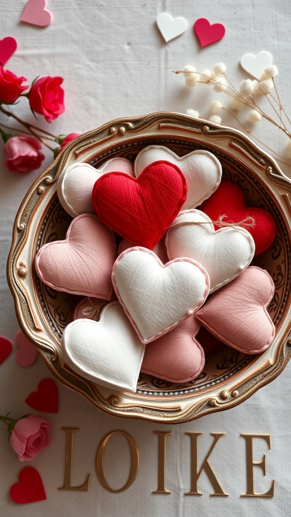 A bowl filled with heart-shaped scented sachets in various colors, surrounded by decorative elements for Valentine's Day.