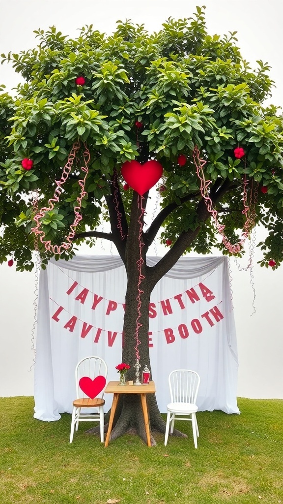 A decorated tree with red hearts and ribbons, featuring a kissing booth setup with chairs and a table.