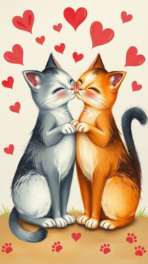 A painting of two cats kissing, surrounded by hearts.