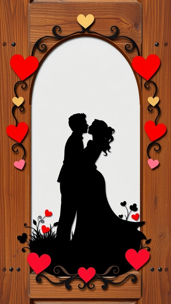 A door hanger featuring a silhouette of a kissing couple surrounded by colorful hearts.