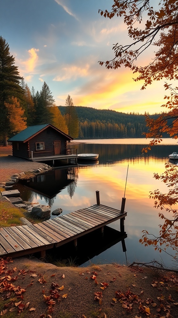 A cozy cabin by a lake during sunset with autumn leaves and a wooden dock.