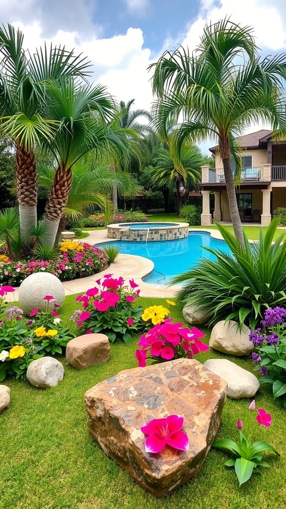 Vibrant poolside landscaping with flowers and palm trees.