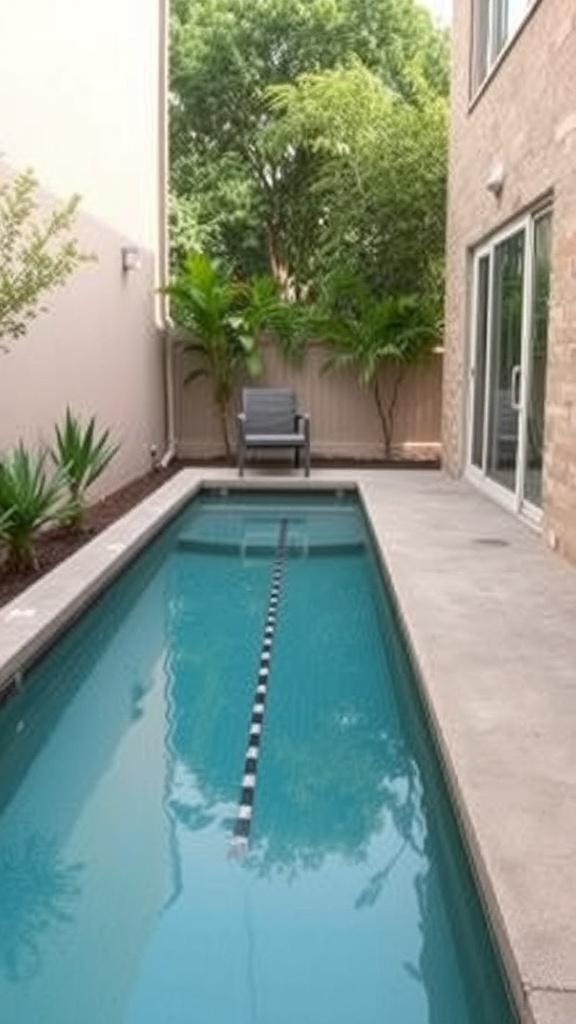 A narrow lap pool surrounded by greenery and a chair, ideal for small backyards.