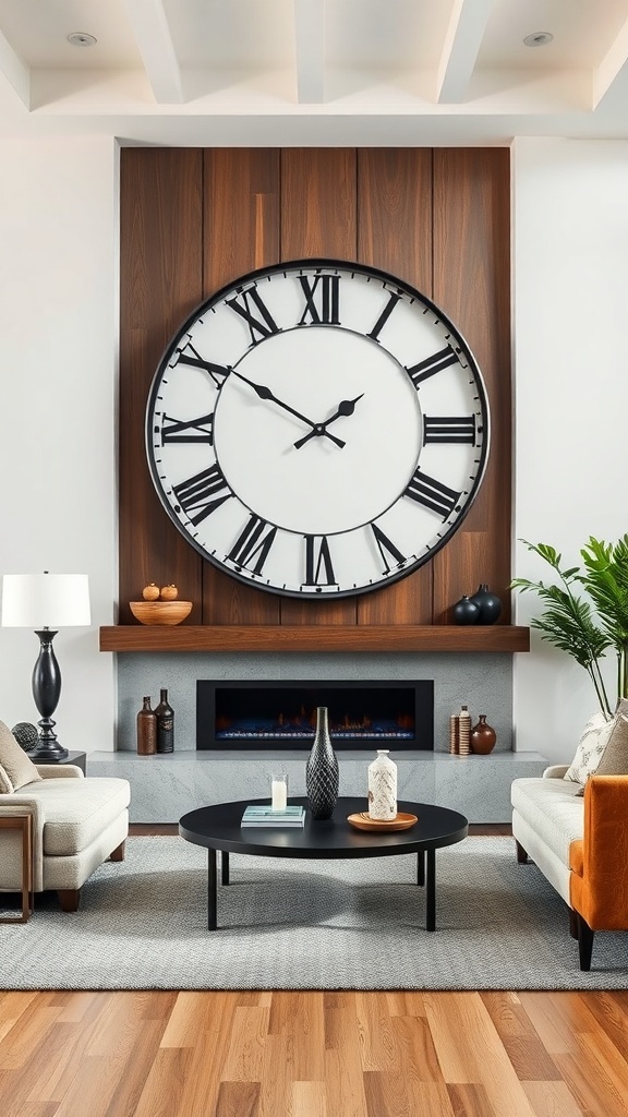 A large statement wall clock in a modern living room above a fireplace.