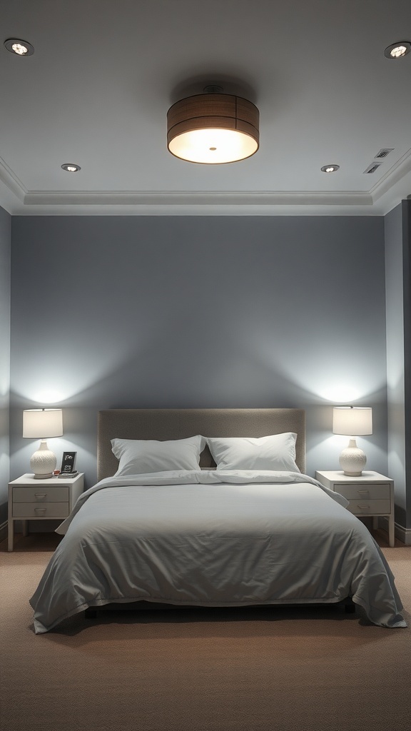 A grey and white bedroom with layered lighting, featuring a ceiling light and bedside lamps.