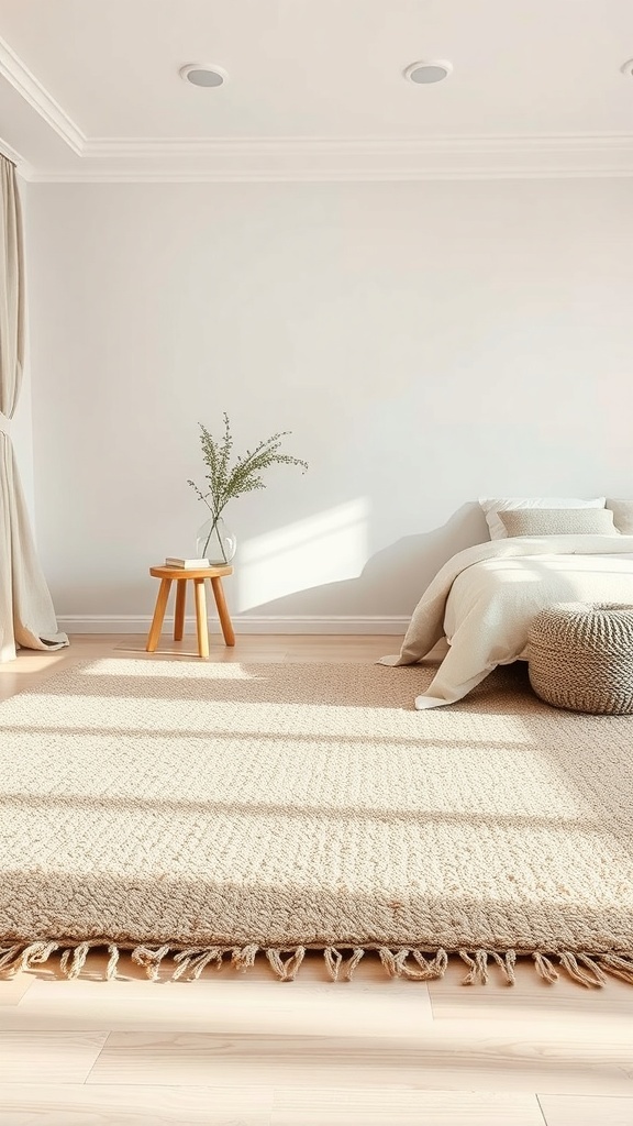 A cream and beige bedroom featuring layered rugs, a small wooden stool, and a touch of greenery.
