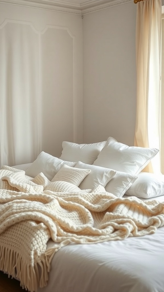A cozy cream and white bedroom with layered textiles including a chunky knit blanket and fluffy pillows.