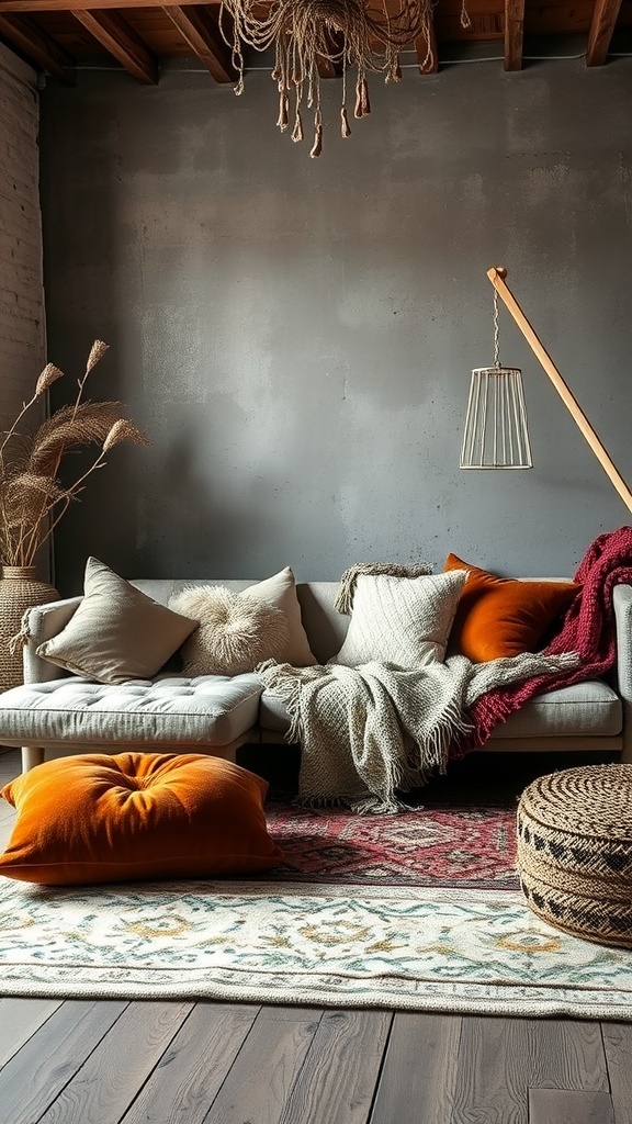 A cozy living room with a modern couch, layered pillows, a knitted throw, and a patterned rug, showcasing grunge apartment aesthetics.
