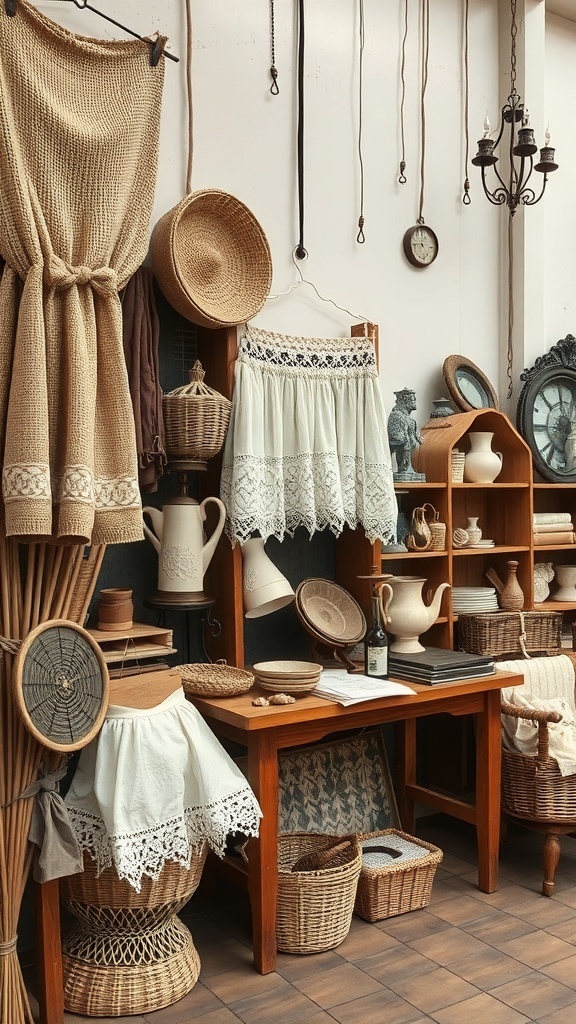 A vintage shop display featuring knitted fabrics, woven baskets, and rustic pottery, creating a cozy and nostalgic atmosphere.