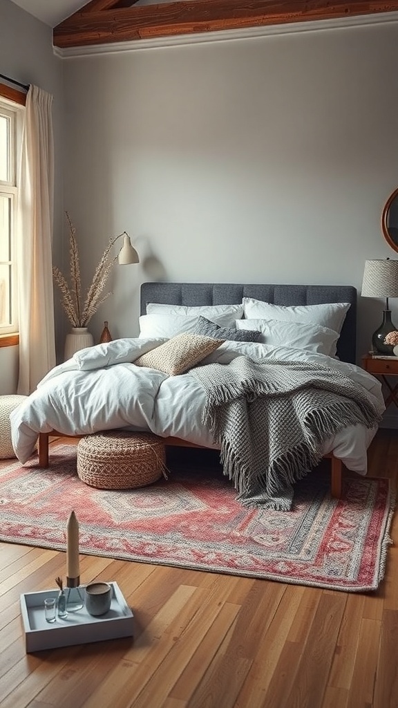 A cozy bedroom with layered textures, featuring a bed with soft blankets and pillows, a warm area rug, and natural decor elements.