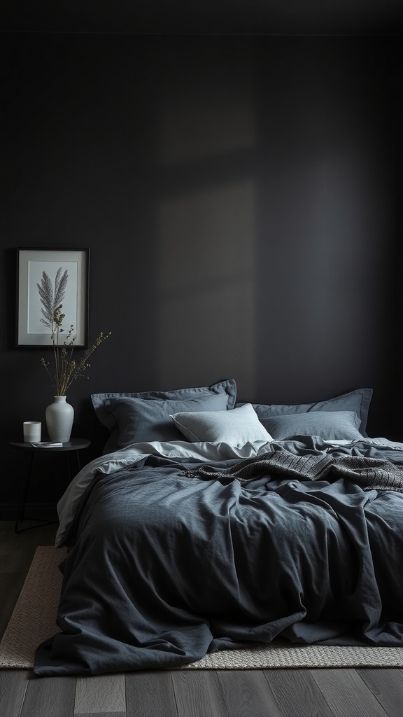 A dark grey bedroom featuring layered textures with various pillows and blankets.