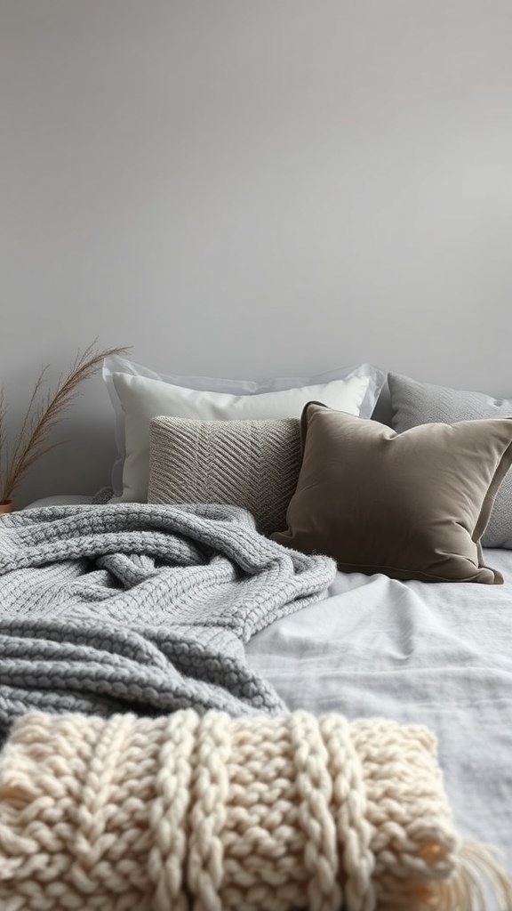 A cozy grey bedroom featuring layered textures with pillows and blankets.