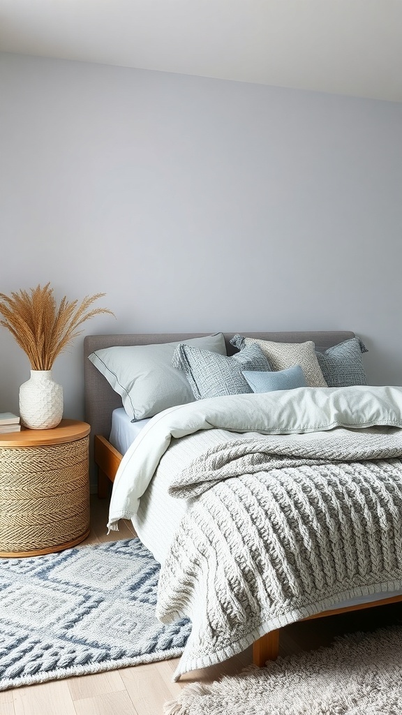A cozy grey bedroom featuring layered textures with a knitted throw, patterned pillows, and a natural wood side table.