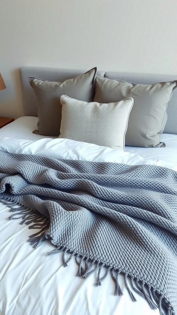 A grey bedroom featuring layered textures with a soft grey blanket and various grey pillows on a bed.
