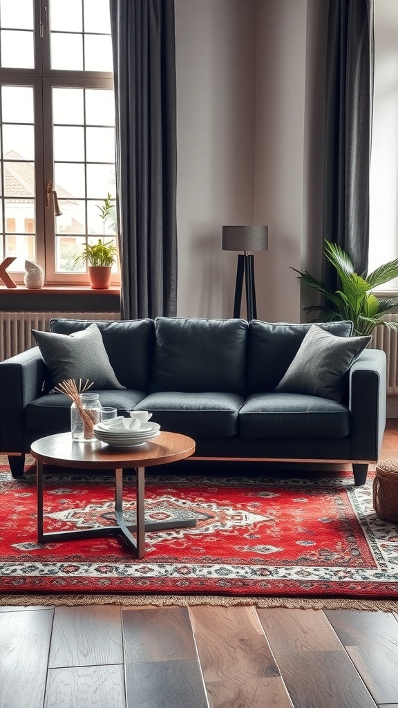 A cozy living room featuring a dark grey sofa, layered rugs, and a stylish coffee table.
