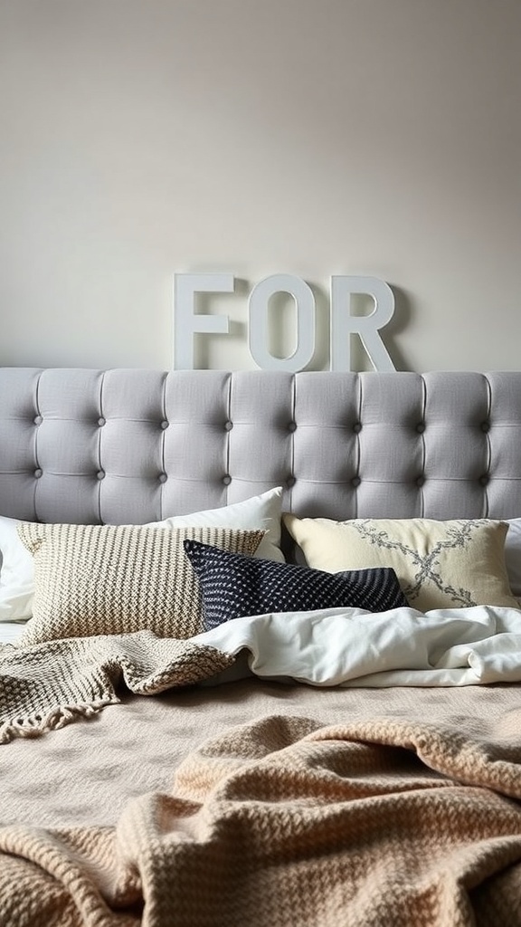 A cozy bedroom featuring a grey tufted headboard, layered pillows, and blankets.