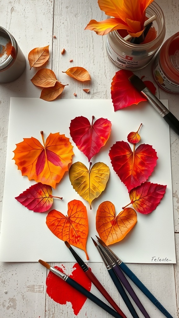 Colorful leaf prints arranged in heart shapes on a white paper with paintbrushes and paint cans