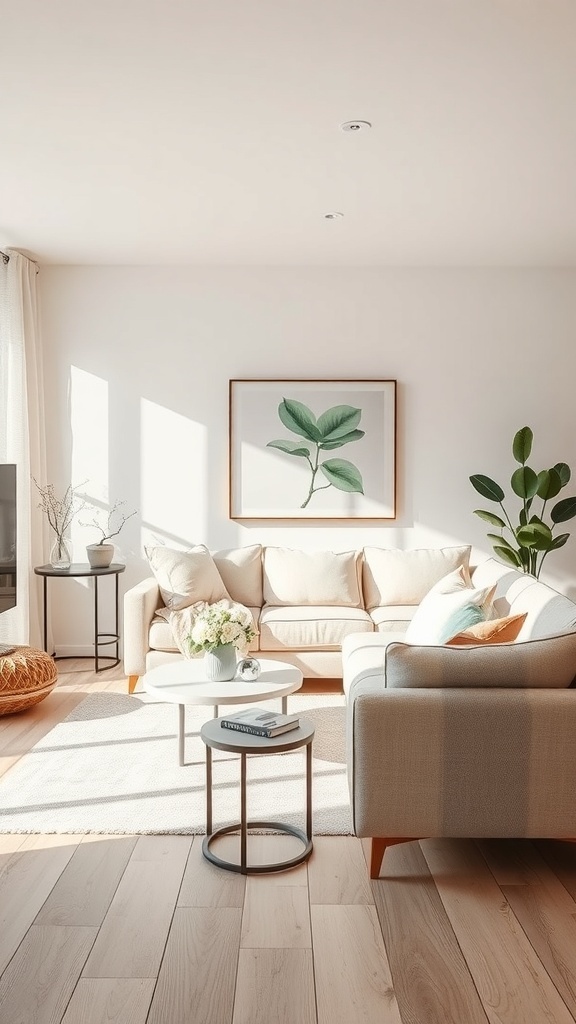 A bright and airy living room with light-colored furniture and spring decor.