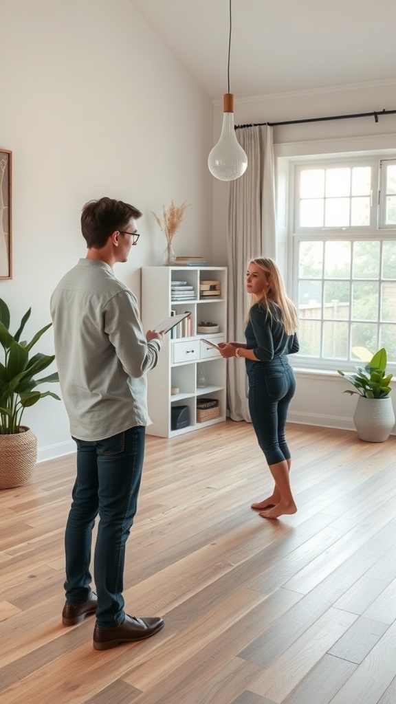 A couple discussing in a room with light wood floors and plants.