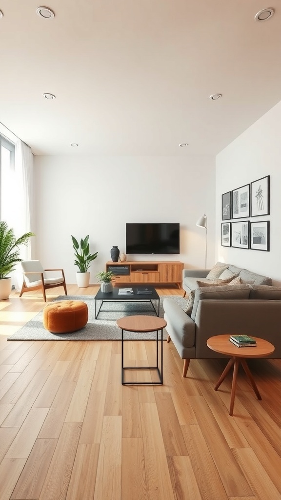 A modern living room featuring light wood floors, a gray sofa, and stylish decor.