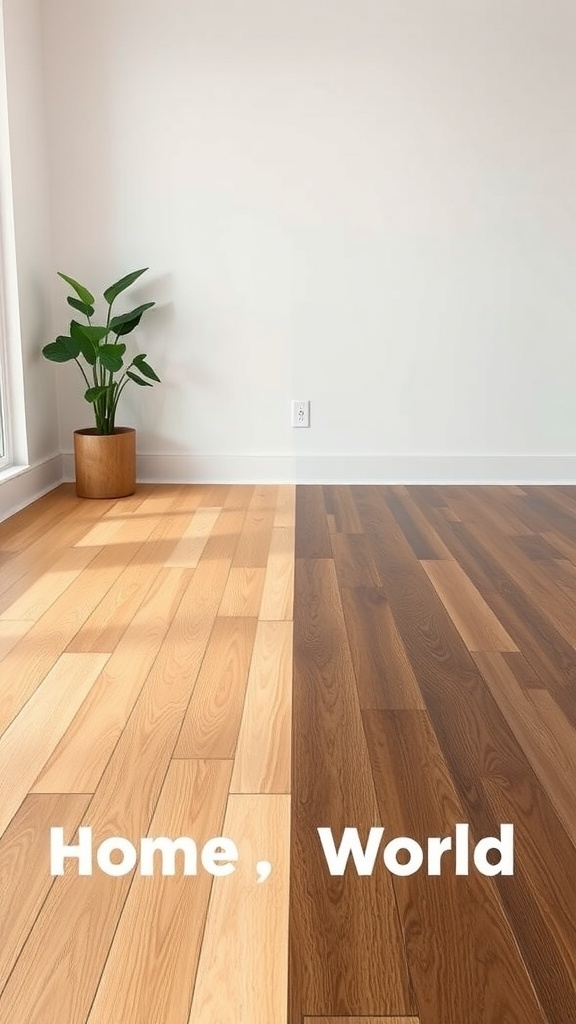 A comparison of light and dark wood floors in a room.