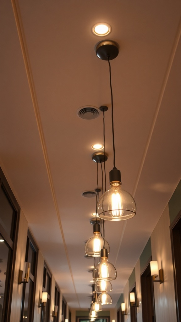 A passage ceiling with various lighting options including pendant and recessed lights.