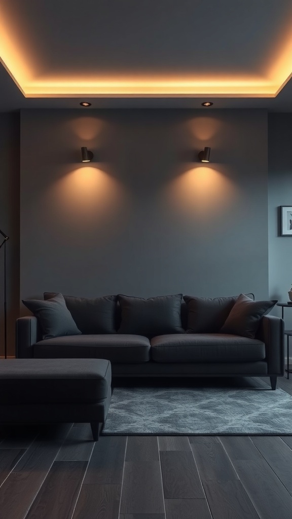 A dark grey sofa in a living room with warm lighting and a cozy atmosphere.