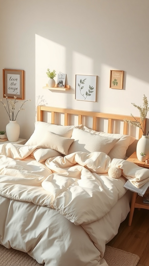 A cozy spring bedroom with lightweight bedding and natural decor.