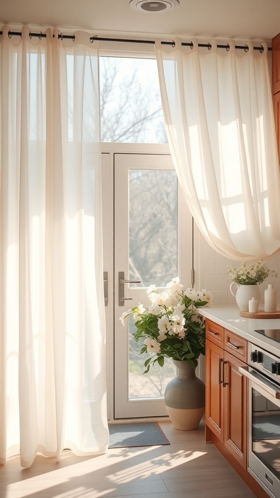 Lightweight sheer curtains in a kitchen with wooden cabinets and a flower arrangement.