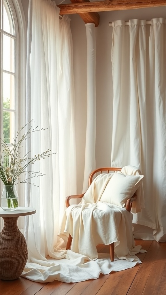 A cozy summer room featuring sheer white curtains, a wooden chair with soft pillows, and a small table with a vase of flowers.
