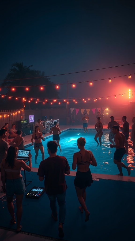 A lively pool party scene with people dancing and enjoying music under string lights.