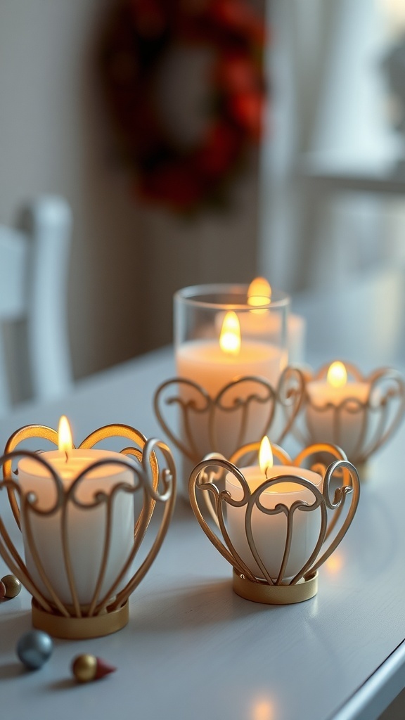 A collection of love-themed candle holders with candles lit, creating a warm atmosphere.