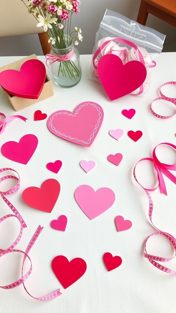 A collection of heart-shaped decorations in pink and red, with a vase of flowers and ribbons.