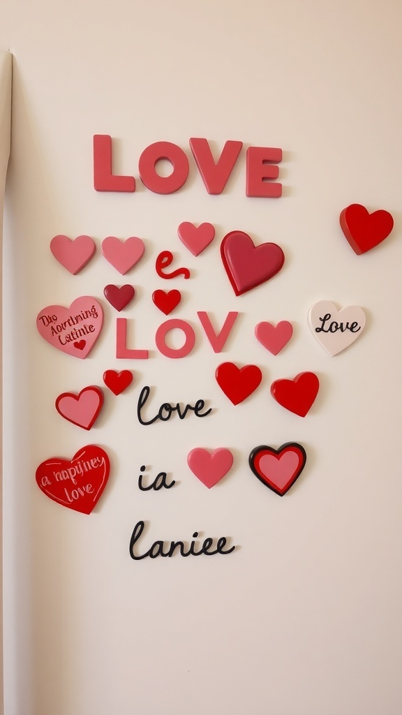 Colorful love-themed magnets on a wall, featuring hearts and words related to love.