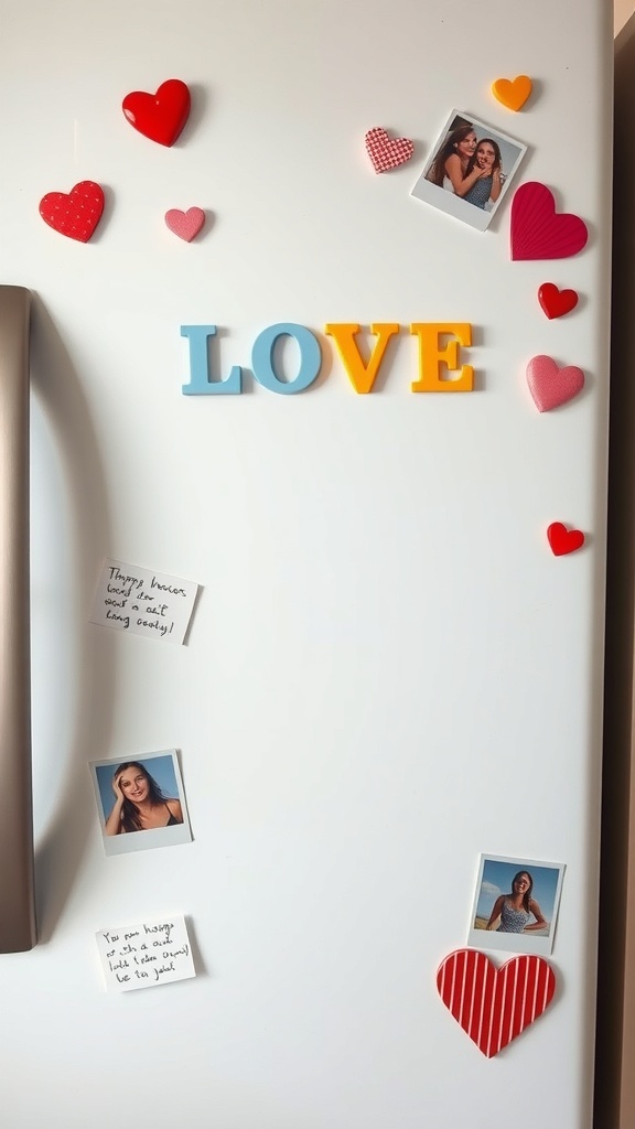 A fridge decorated with colorful love-themed magnets and photos.