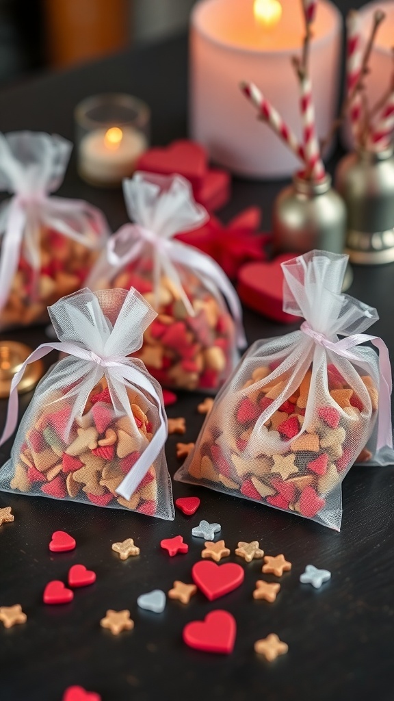 Love-themed potpourri bags filled with colorful heart and star-shaped potpourri, surrounded by candles and decorative elements.