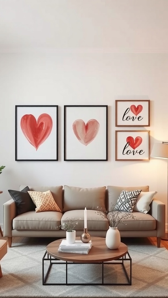 A cozy living room with love-themed wall art featuring heart paintings and the word 'love'.