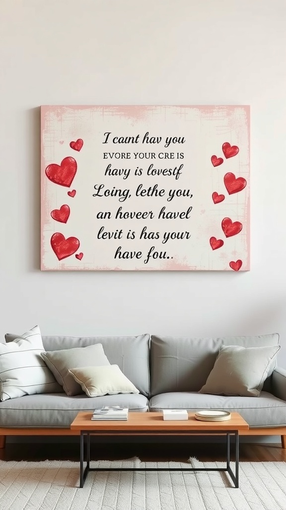 A love-themed wall art piece with red hearts and a heartfelt message