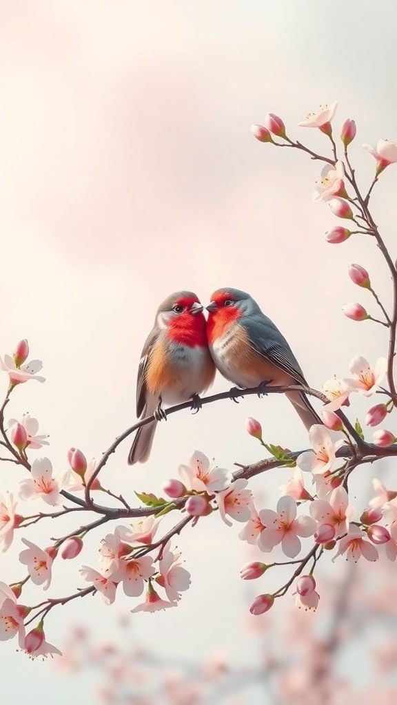 Two love birds on a branch surrounded by cherry blossoms