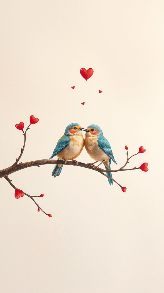 Colorful love birds on a branch with hearts