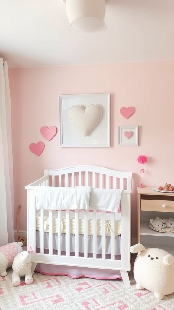 A cozy nursery with pink walls, a white crib, heart decorations, and soft toys.